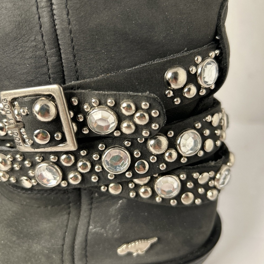 Sz 8 - ROCKET DOG Black Leather Silver Studded Rhinestone Buckle Biker Boots - Picture 4 of 15